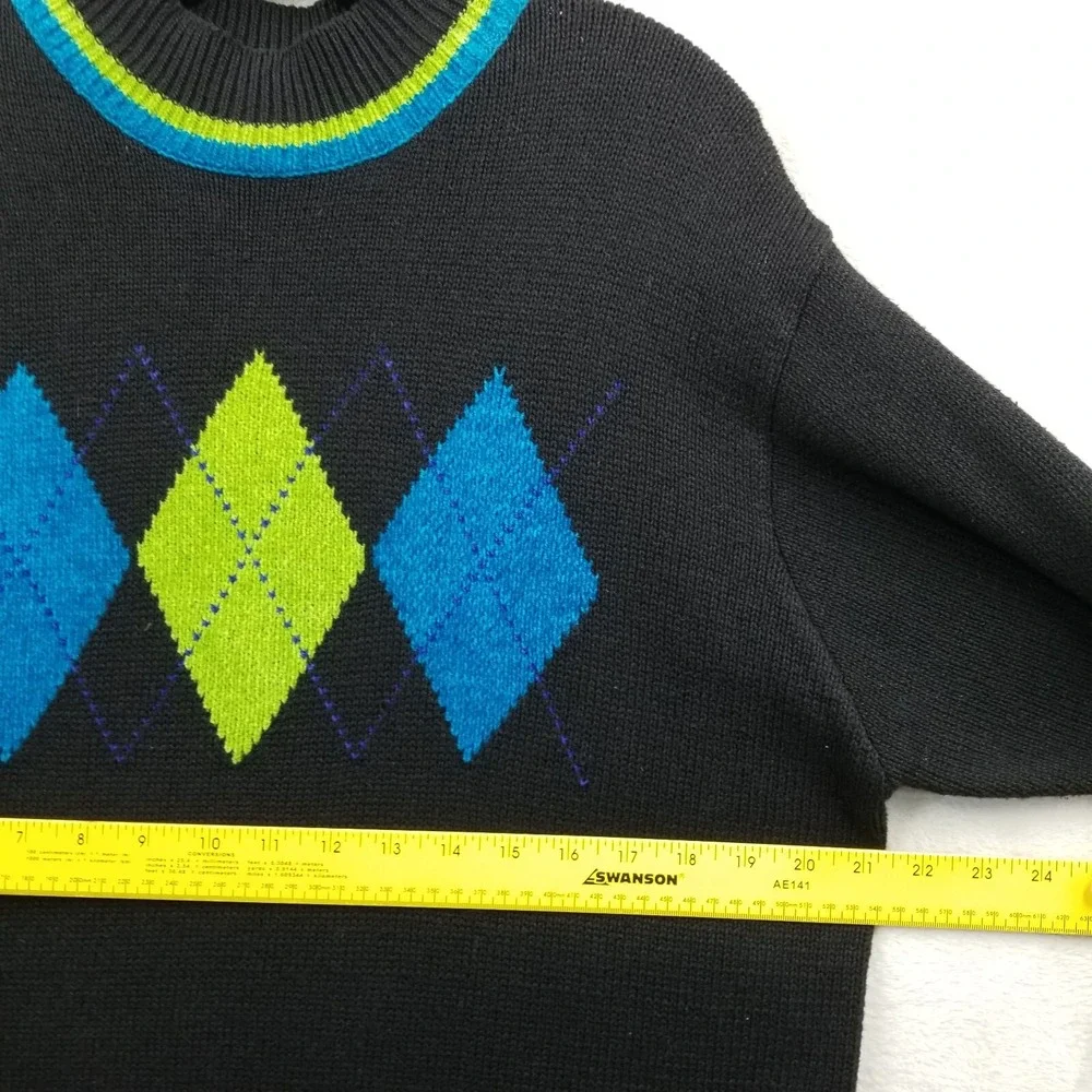 Vintage Sweater Women L‎ Black Argyle Moch Neck Chenille Trim Oversized Tunic